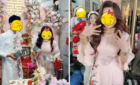 Hình ảnh cô dâu đeo vàng nặng trĩu cả cổ, cầm 4 cọc tiền trong đám cưới khiến dân mạng xuýt xoa